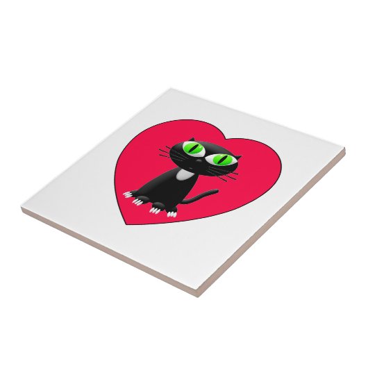 Schwarze Katze im roten Herzen Fliese (Seite)