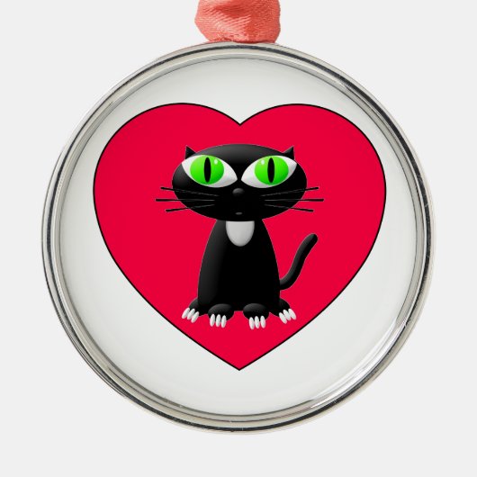 Schwarze Katze im roten Herzen Ornament Aus Metall (Vorne)