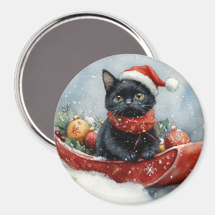 Schwarze Katze im Schlitten Lass es schneien Weihn Magnet