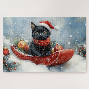 Schwarze Katze im Schlitten Lass es schneien Weihn Puzzle