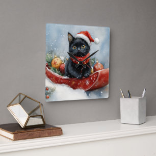 Schwarze Katze im Schlitten Lass es schneien Weihn Quadratische Wanduhr