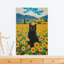 Schwarze Katze im Sonnenblumenfeld Leinwanddruck