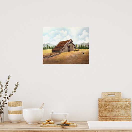 Schwarze Katze im Stallgebäude Poster (Küche)