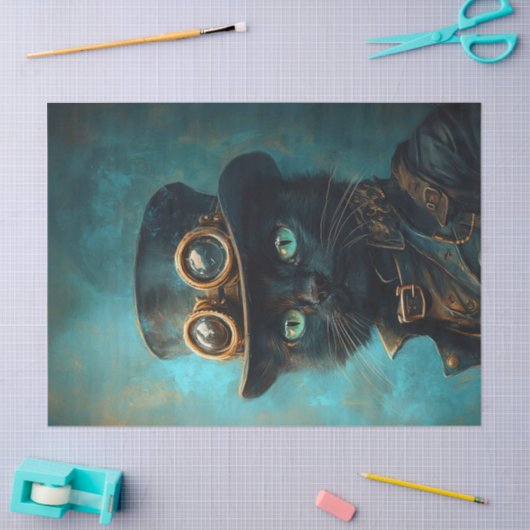 Schwarze Katze im Steampunk-Kostümdekoupage Seidenpapier (Basteln)