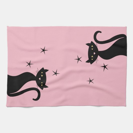 Schwarze Katze im Stil von 1950, rosa Geschirrtuch (Horizontal)