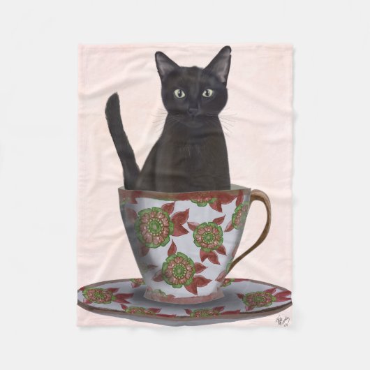 Schwarze Katze im Teacup Fleecedecke (Vorderseite)
