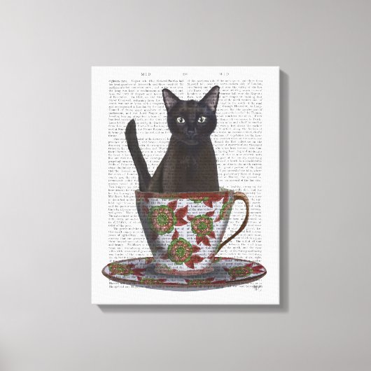 Schwarze Katze im Teacup Leinwanddruck (Vorderseite)