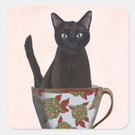 Schwarze Katze im Teacup Quadratischer Aufkleber (Vorderseite)