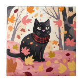 Schwarze Katze im Wald Fliese (Vorderseite)