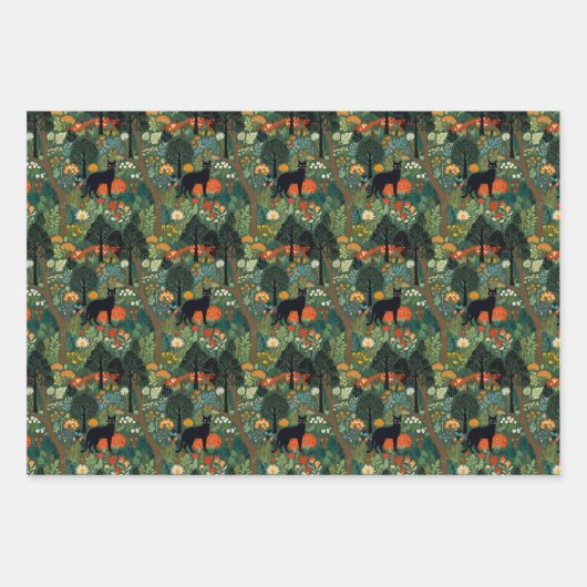 Schwarze Katze im Wald nahtlose Muster Geschenkpapier Set (Vorderseite 2)