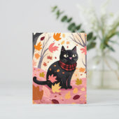 Schwarze Katze im Wald Postkarte (Stehend Vorderseite)