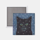 Schwarze Katze im Winterschnee Magnet (Vorderseite/Rückseite)