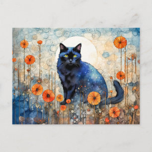 Schwarze Katze in Aquarellen auf dem Mohnfeld Postkarte