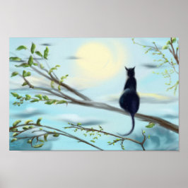 Schwarze Katze in Baumwasserfarbkunst Poster