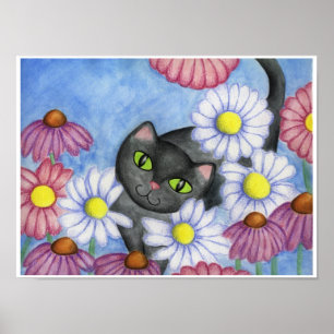 Schwarze Katze in Blume Art Poster