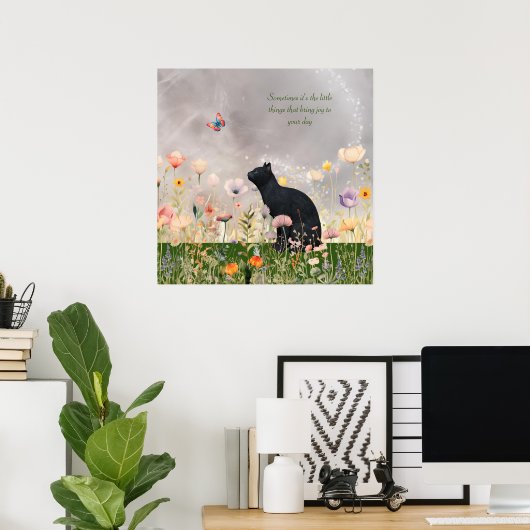 Schwarze Katze in Blume Poster (Heimbüro)