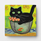 Schwarze Katze in Blume Pot Fotoplatte (Vorderseite)