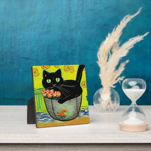 Schwarze Katze in Blume Pot Fotoplatte (InSitu)