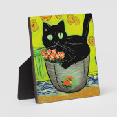 Schwarze Katze in Blume Pot Fotoplatte (Vorderseite)