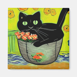 Schwarze Katze in Blume Pot Magnet