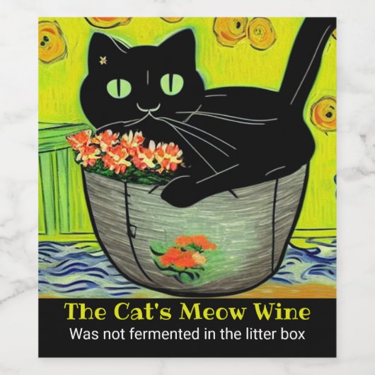 Schwarze Katze in Blume Pot Weinetikett (Einzelnes Label)