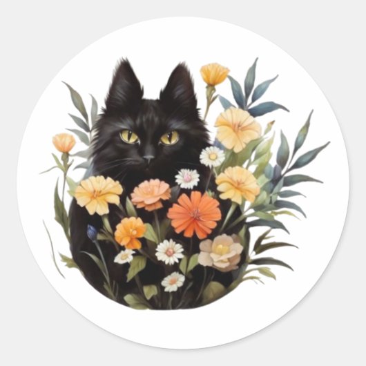 Schwarze Katze in Blume Runder Aufkleber (Vorderseite)