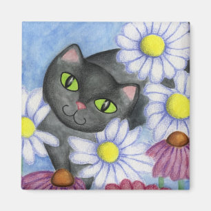 Schwarze Katze in Blumen Magnet