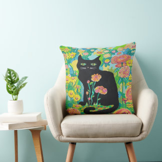 Schwarze Katze in Blumen Wurf Kissen Home Dekor