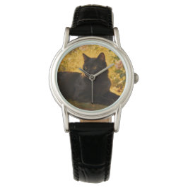 Schwarze Katze in den Blumen I Armbanduhr