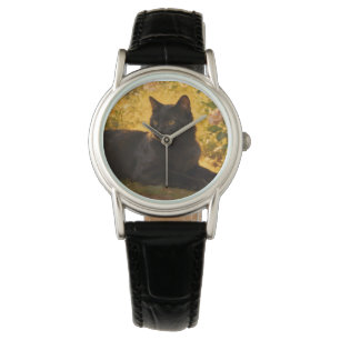 Schwarze Katze in den Blumen I Armbanduhr