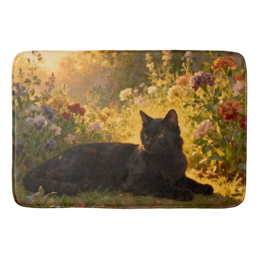 Schwarze Katze in den Blumen I Badematte (Vorderseite)