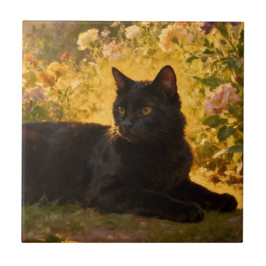 Schwarze Katze in den Blumen I Fliese (Vorderseite)