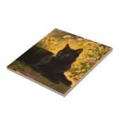 Schwarze Katze in den Blumen I Fliese (Seite)