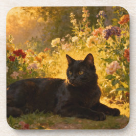 Schwarze Katze in den Blumen I Getränkeuntersetzer