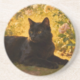 Schwarze Katze in den Blumen I Getränkeuntersetzer