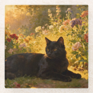 Schwarze Katze in den Blumen I Glasuntersetzer