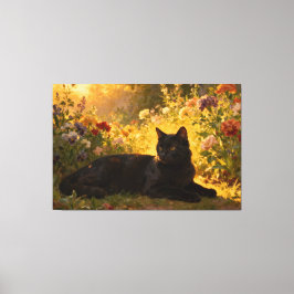 Schwarze Katze in den Blumen I Leinwanddruck