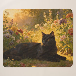Schwarze Katze in den Blumen I Sherpadecke