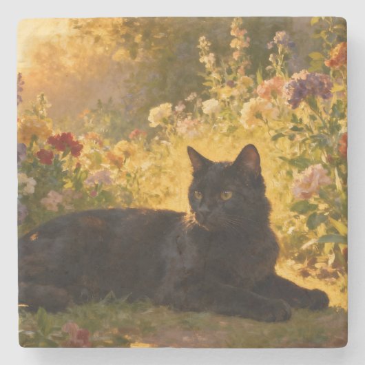 Schwarze Katze in den Blumen I Steinuntersetzer (Vorderseite)