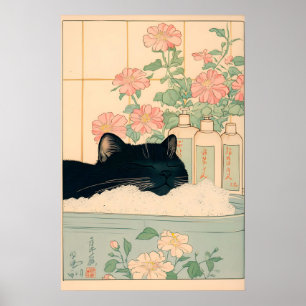 Schwarze Katze in der Badewanne Japanischer Badezi Poster