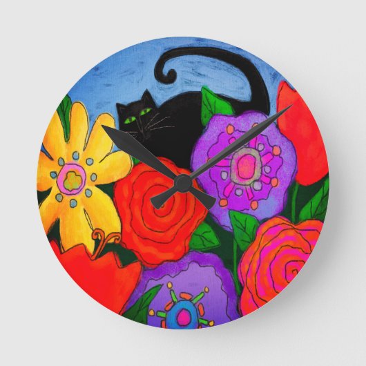Schwarze Katze in der Garten-abstrakten Kunst Runde Wanduhr (Vorderseite)
