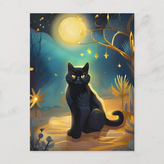 Schwarze Katze in der Nachtpostkarte Postkarte (Vorderseite)