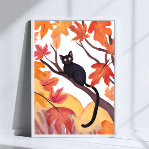 Schwarze Katze in einem Baum   Herbst Herbst spook Poster