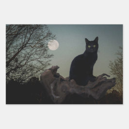 Schwarze Katze in einem Baum vor Vollmond Geschenkpapier Set