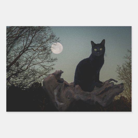 Schwarze Katze in einem Baum vor Vollmond Geschenkpapier Set (Vorderseite)