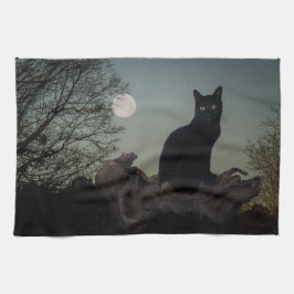 Schwarze Katze in einem Baum vor Vollmond Geschirrtuch