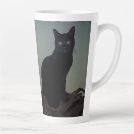 Schwarze Katze in einem Baum vor Vollmond Milchtasse