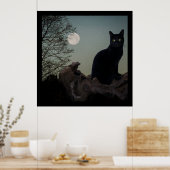 Schwarze Katze in einem Baum vor Vollmond Poster (Küche)