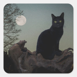 Schwarze Katze in einem Baum vor Vollmond Quadratischer Aufkleber