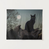 Schwarze Katze in einem Baum vor Vollmond Wandteppich (Vorderseite (Horizontal))